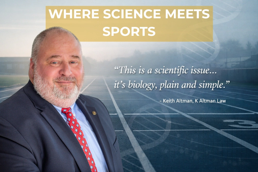 Keith Altman, K Altman Law, on a track with "Where Science Meets Sports" text.