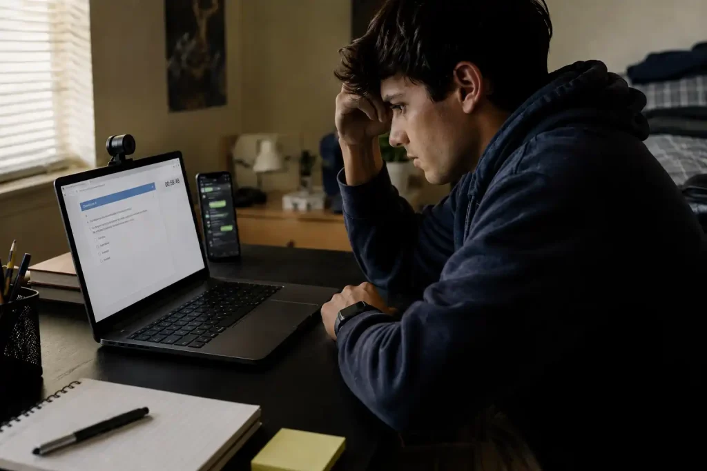 Student taking online proctored exam on laptop, looking stressed