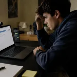 Student taking online proctored exam on laptop, looking stressed