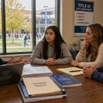 Title IX meeting at High School: counselor, student, parents discuss rights