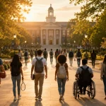 Diverse students walk on a college campus, with a building in the background.