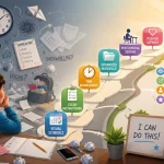 Student with ADHD using visual schedule and organizational tools for focused success