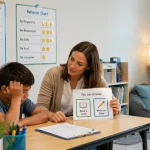 Teacher offers choice between reading or drawing to ODD student with behavior chart.