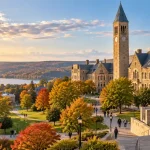 Cornell University campus with clock tower and autumn foliage