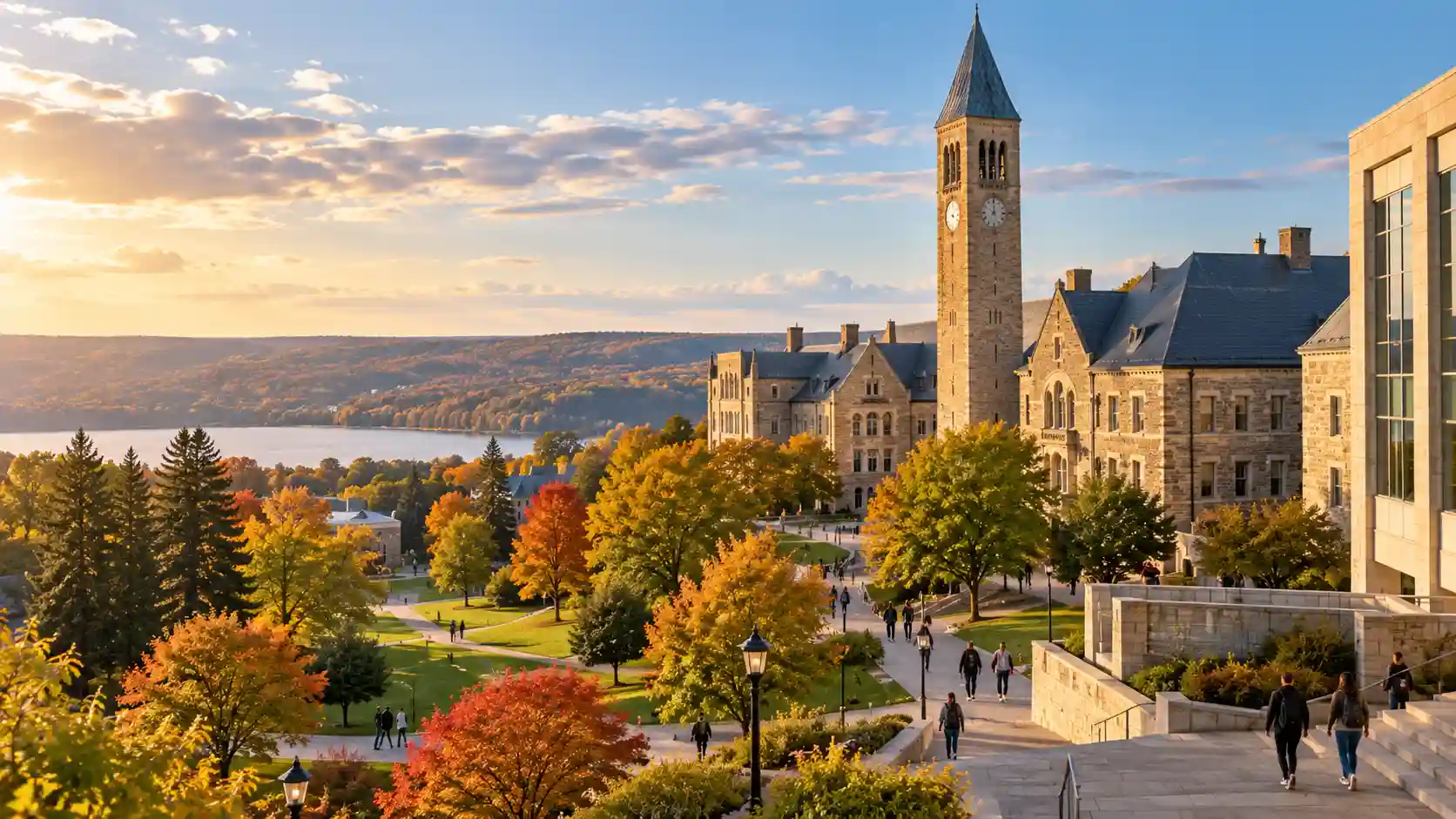 Cornell University campus with clock tower and autumn foliage