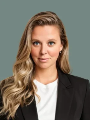 Professional portrait of a woman with blonde wavy hair, wearing a black blazer.